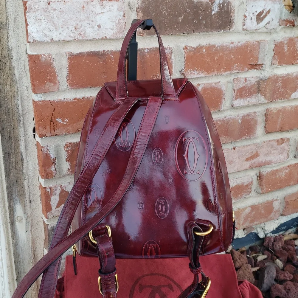 Vintage Cartier Happy Birthday Patent Leather Backpack Unisex Bordeaux Red